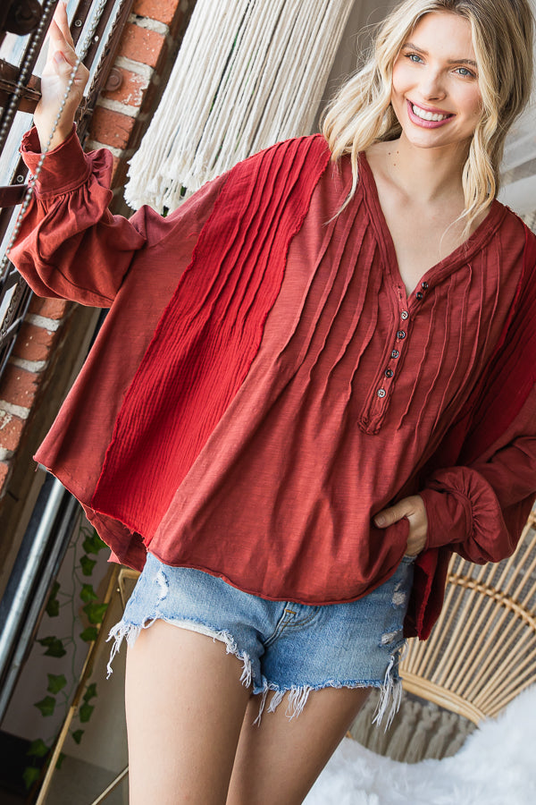 HENLEY V NECK PINTUCKED FRONT LONG SLEEVE BLOUSE