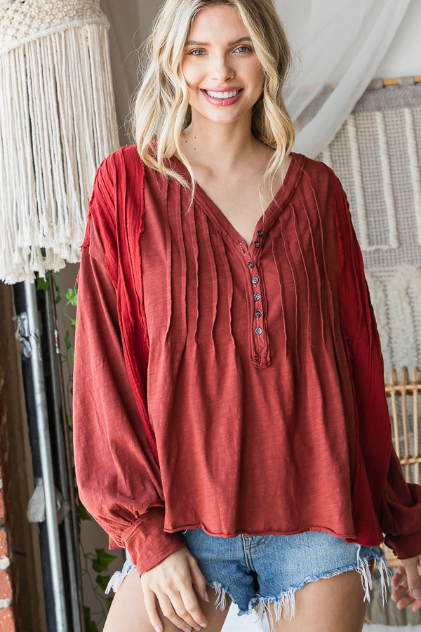 HENLEY V NECK PINTUCKED FRONT LONG SLEEVE BLOUSE