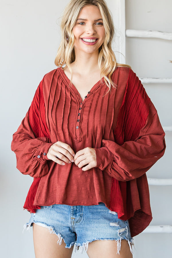 HENLEY V NECK PINTUCKED FRONT LONG SLEEVE BLOUSE