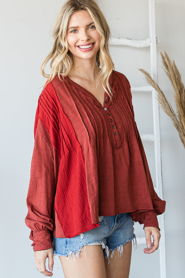 HENLEY V NECK PINTUCKED FRONT LONG SLEEVE BLOUSE