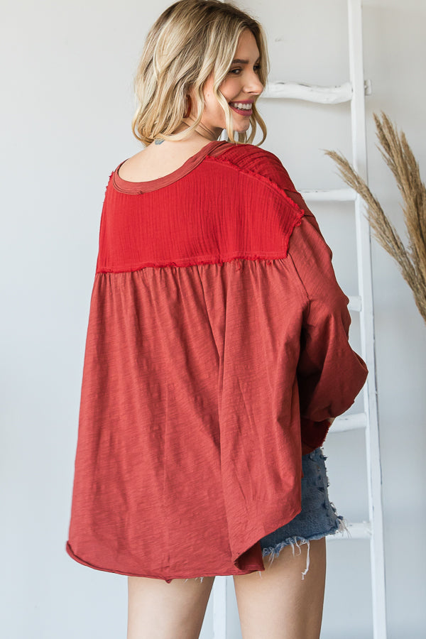 HENLEY V NECK PINTUCKED FRONT LONG SLEEVE BLOUSE