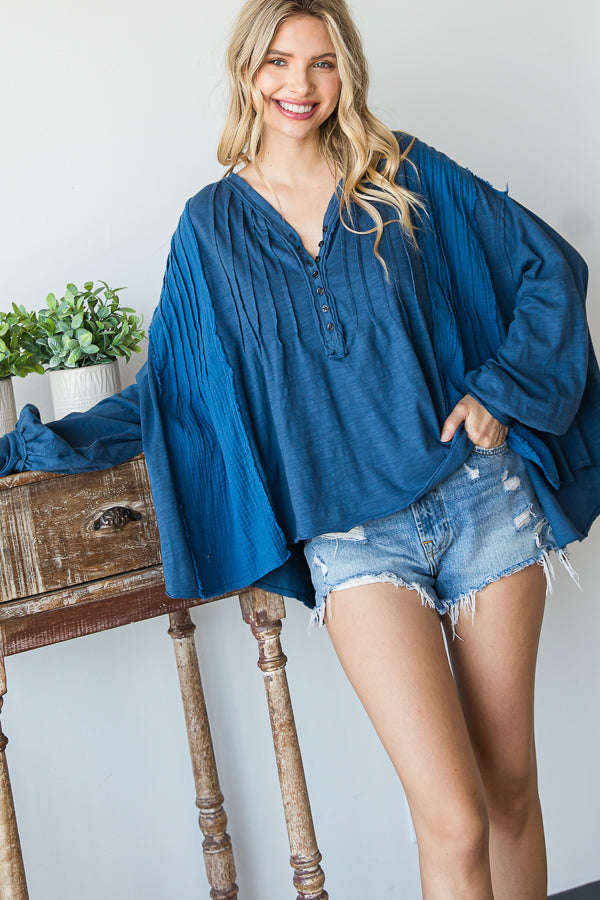 HENLEY V NECK PINTUCKED FRONT LONG SLEEVE BLOUSE
