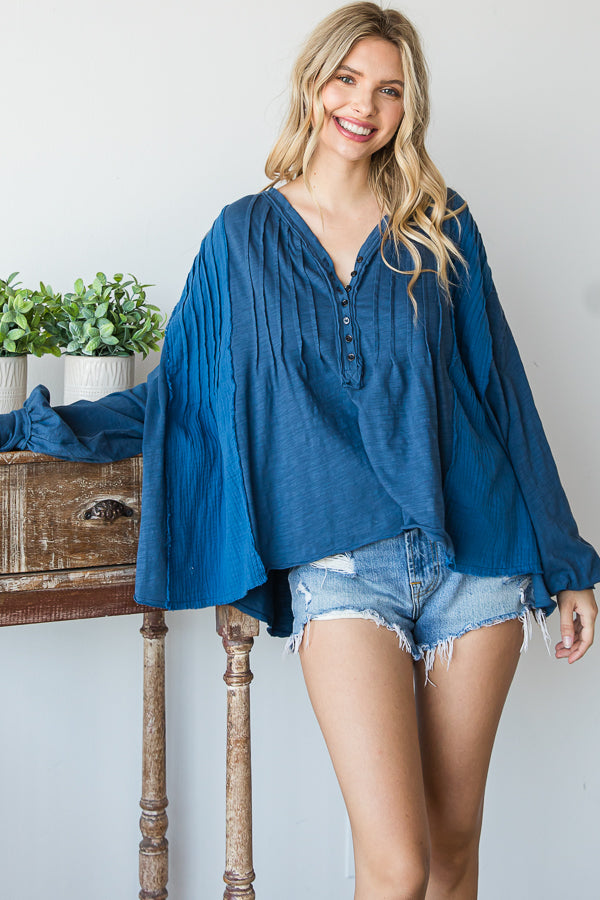 HENLEY V NECK PINTUCKED FRONT LONG SLEEVE BLOUSE