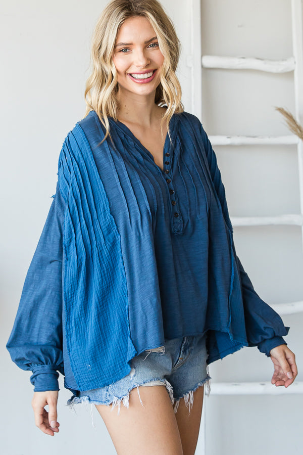 HENLEY V NECK PINTUCKED FRONT LONG SLEEVE BLOUSE