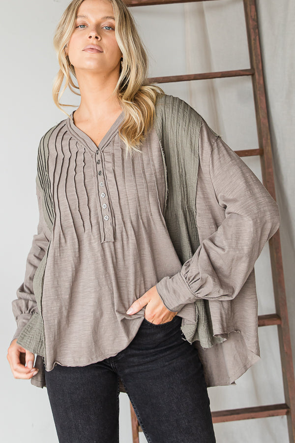 HENLEY V NECK PINTUCKED FRONT LONG SLEEVE BLOUSE