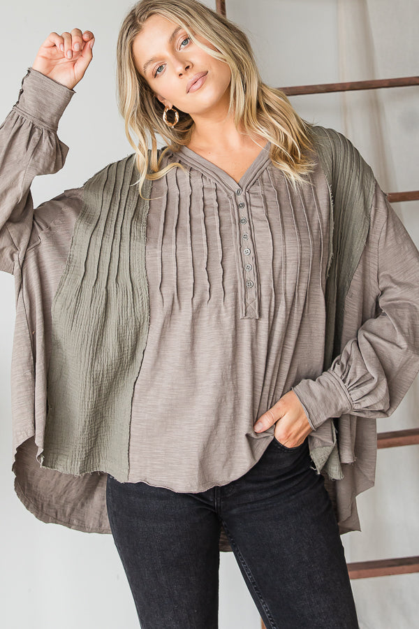 HENLEY V NECK PINTUCKED FRONT LONG SLEEVE BLOUSE