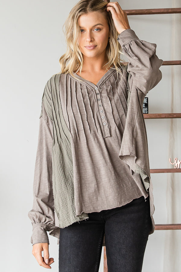 HENLEY V NECK PINTUCKED FRONT LONG SLEEVE BLOUSE
