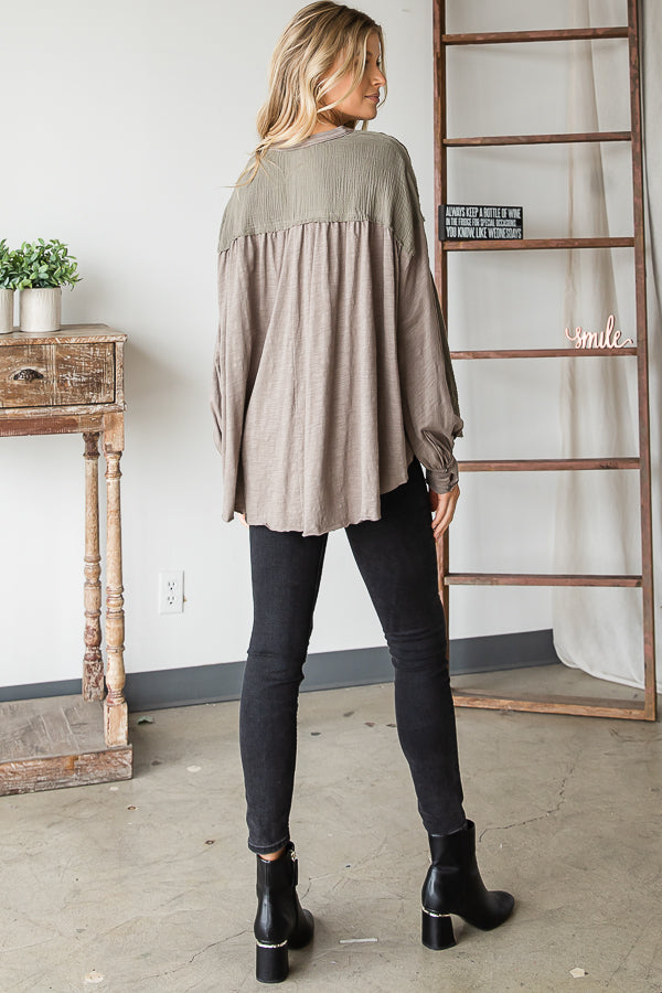HENLEY V NECK PINTUCKED FRONT LONG SLEEVE BLOUSE
