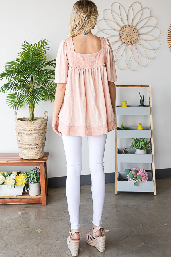 MINERAL WASHED BALLON SLEEVE BABYDOLL TOP