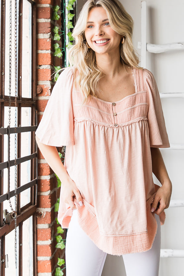 MINERAL WASHED BALLON SLEEVE BABYDOLL TOP