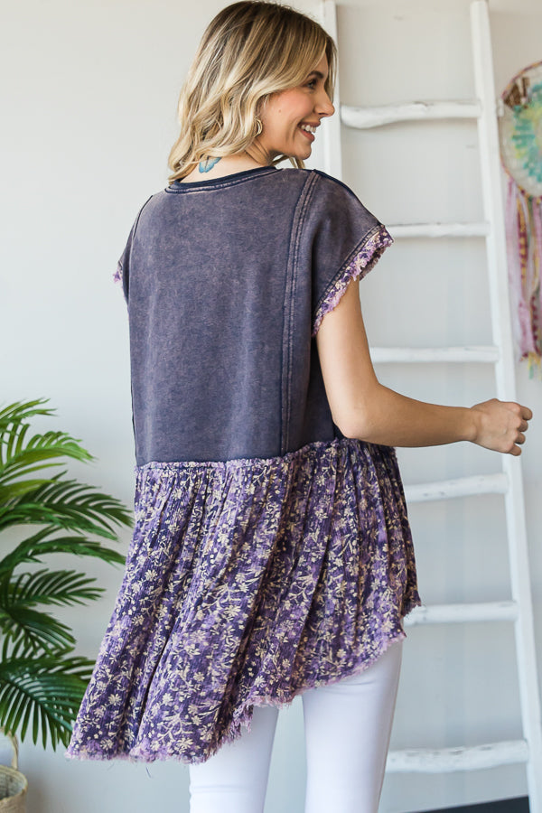 DROP SHOULDER HI-LOW HEM CONTRAST TUNIC TOP