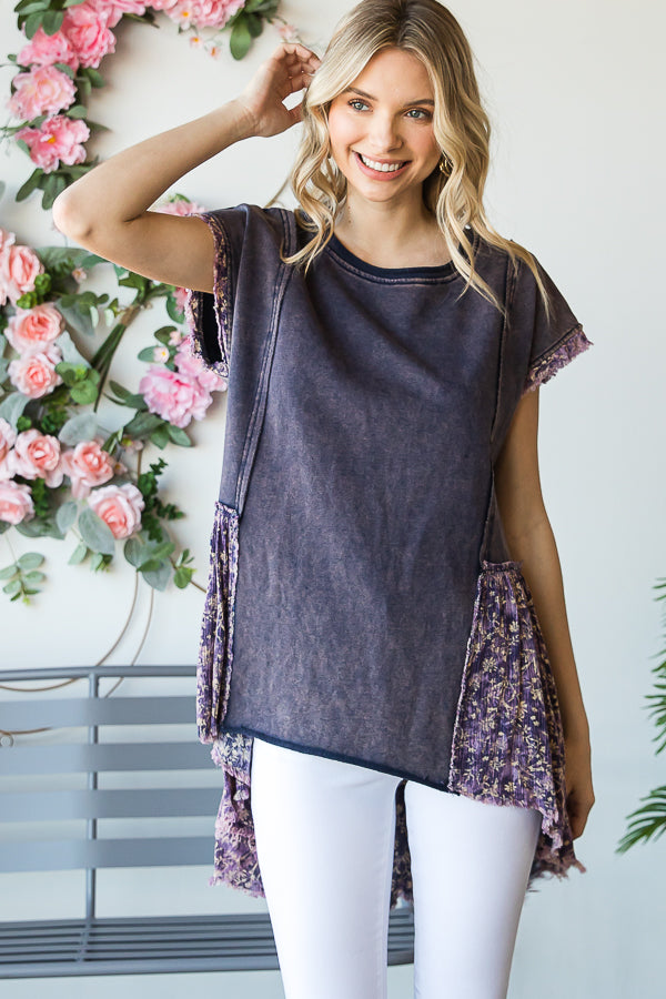DROP SHOULDER HI-LOW HEM CONTRAST TUNIC TOP