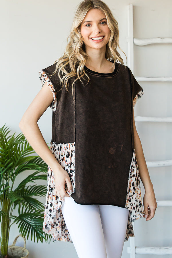 DROP SHOULDER HI-LOW HEM CONTRAST TUNIC TOP