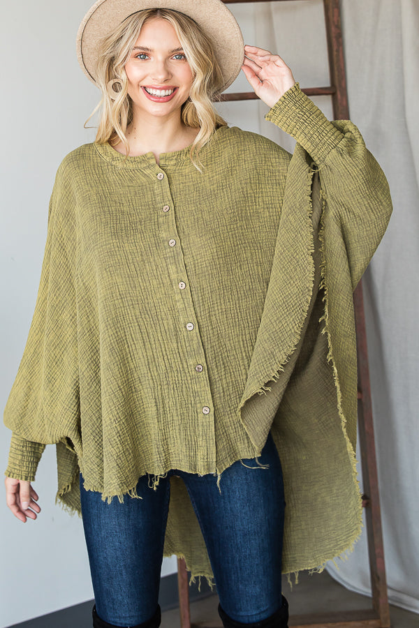 WASHED BUTTON DOWN BATWING SLEEVE OVERSIZED BLOUSE
