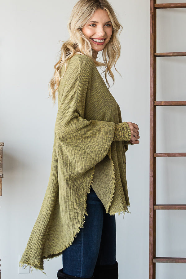 WASHED BUTTON DOWN BATWING SLEEVE OVERSIZED BLOUSE