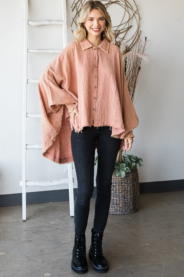 WASHED BUTTON DOWN BATWING SLEEVE OVERSIZED BLOUSE