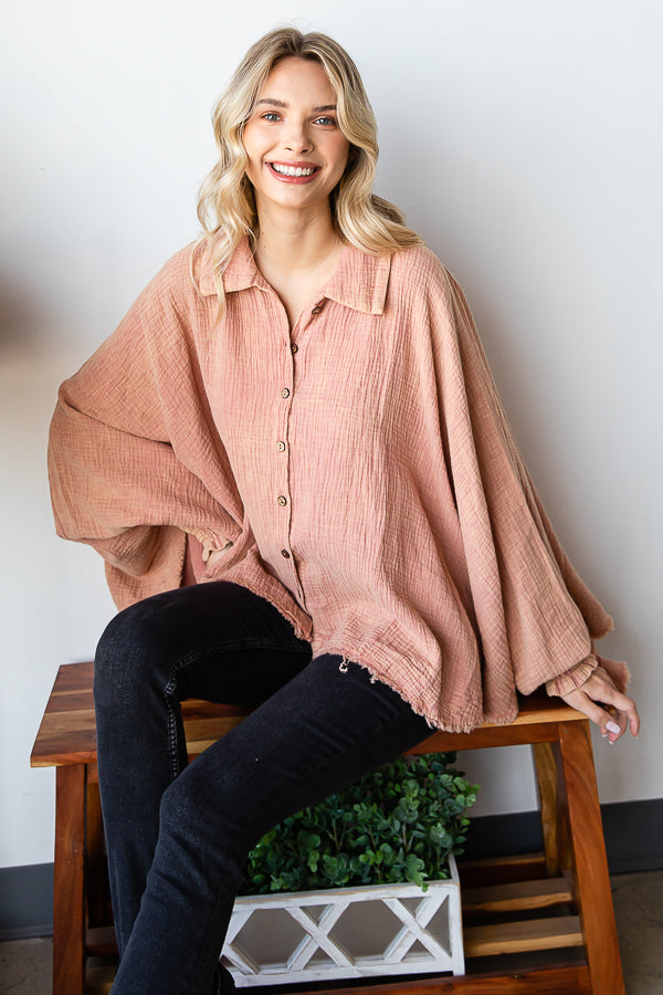 WASHED BUTTON DOWN BATWING SLEEVE OVERSIZED BLOUSE