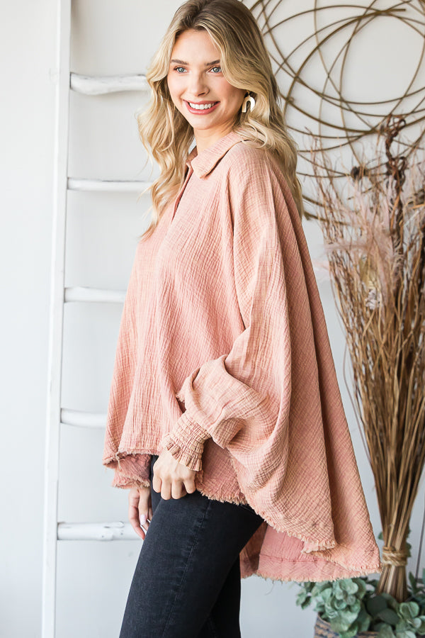 WASHED BUTTON DOWN BATWING SLEEVE OVERSIZED BLOUSE