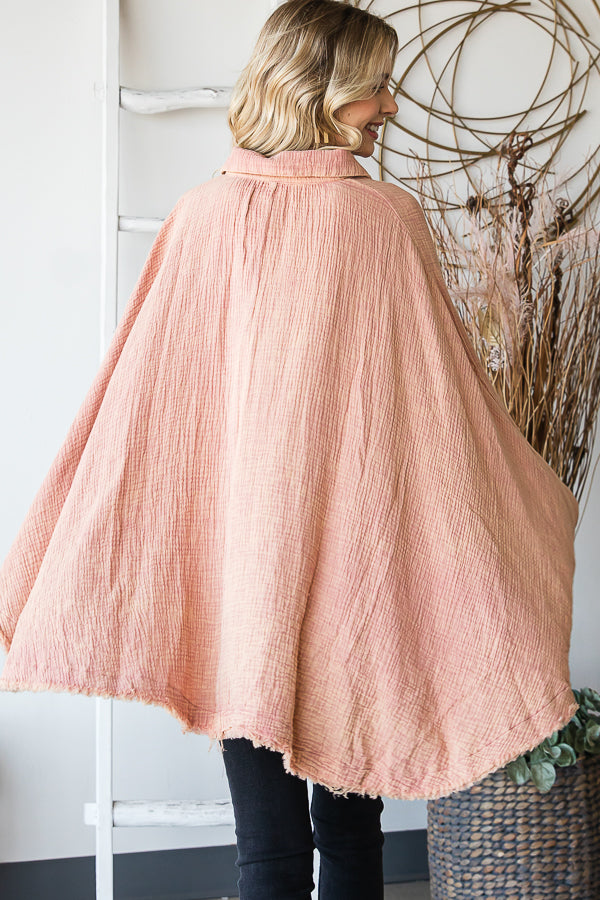 WASHED BUTTON DOWN BATWING SLEEVE OVERSIZED BLOUSE