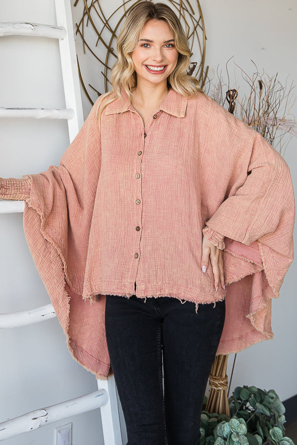 WASHED BUTTON DOWN BATWING SLEEVE OVERSIZED BLOUSE
