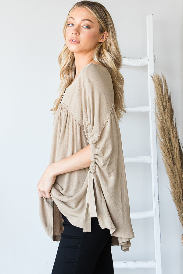 BUTTON FRONT SHIRRING DETAIL BATWING OVERSIZED TOP