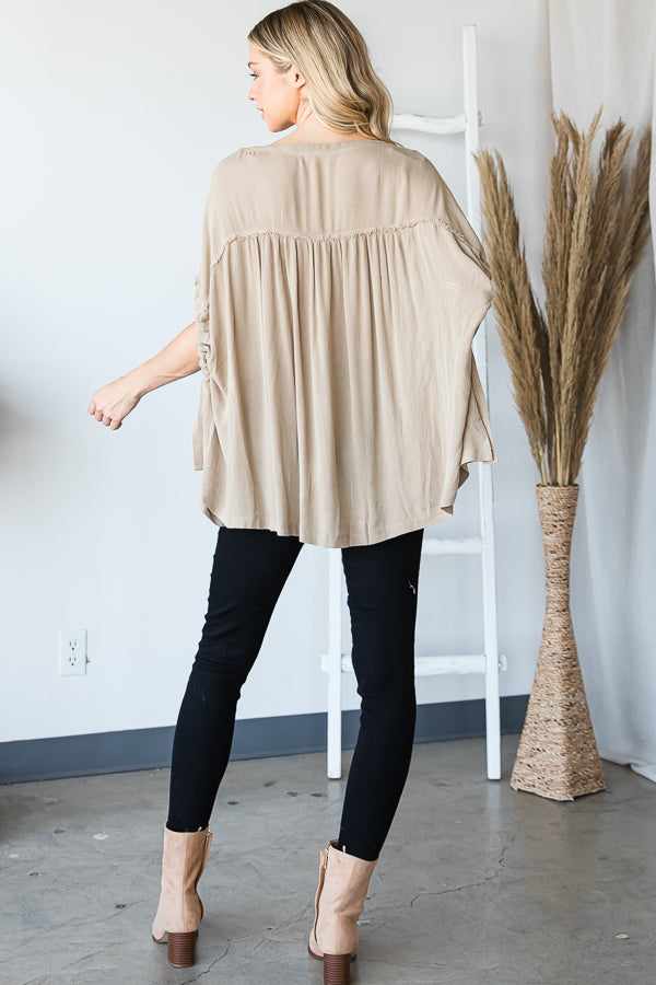 BUTTON FRONT SHIRRING DETAIL BATWING OVERSIZED TOP