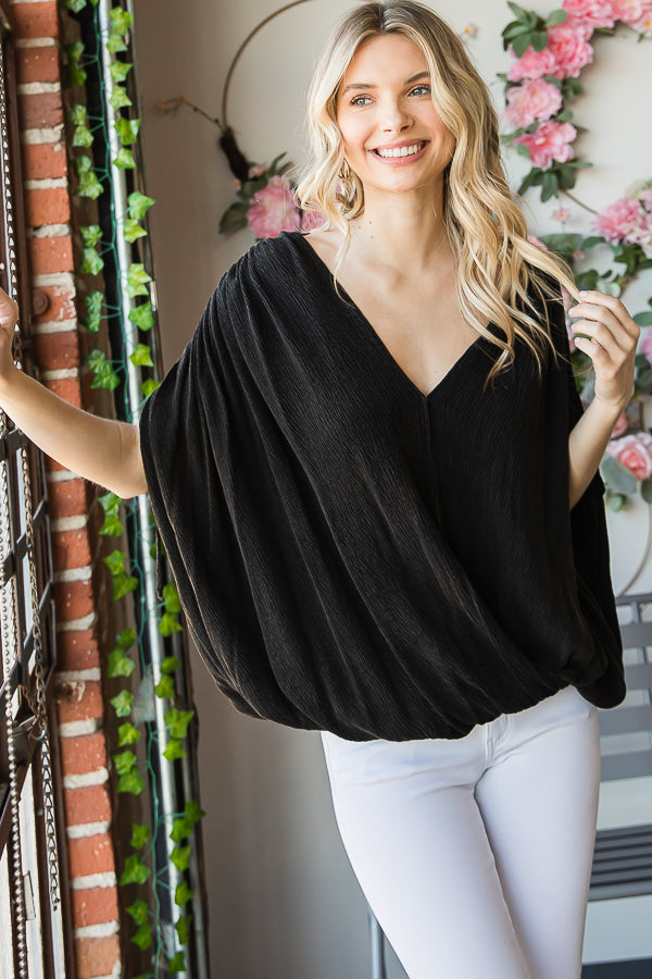 RUCHED SHIRRING SHOULDER DETAIL OVERLAP TOP