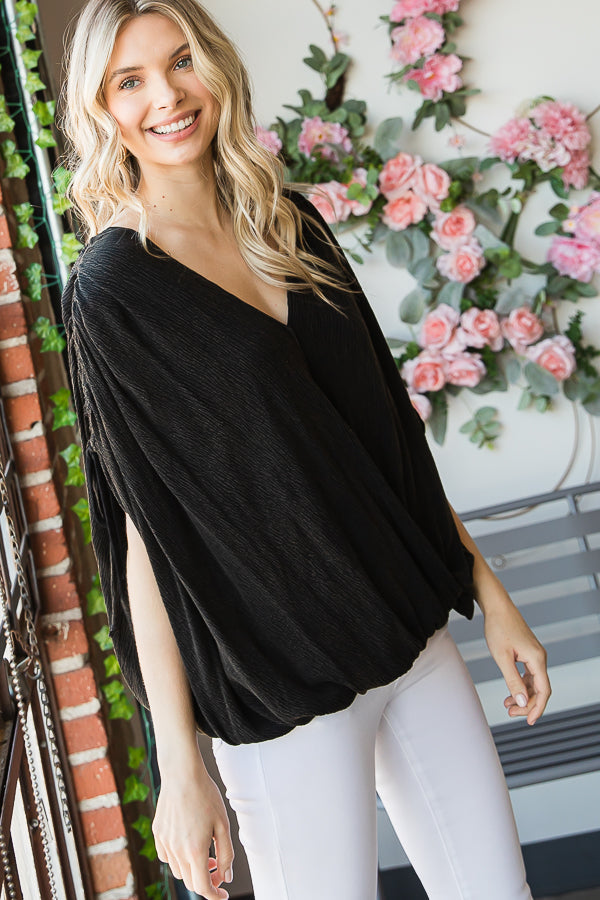 RUCHED SHIRRING SHOULDER DETAIL OVERLAP TOP