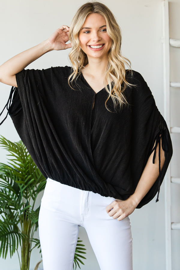 RUCHED SHIRRING SHOULDER DETAIL OVERLAP TOP