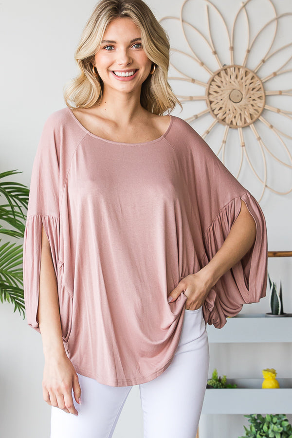 ROUND NECK PLEATED DETAIL SLEEVE OVERSIZED TEE