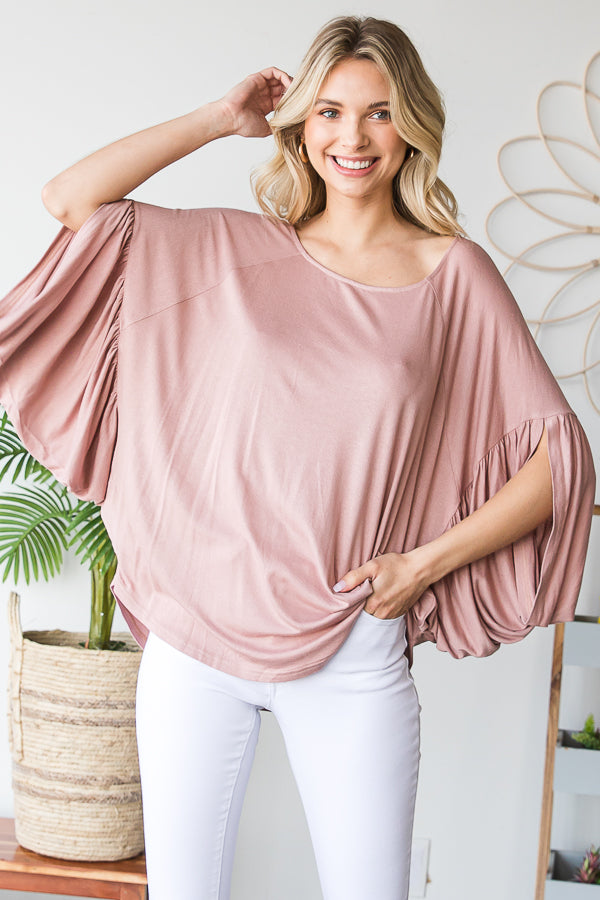 ROUND NECK PLEATED DETAIL SLEEVE OVERSIZED TEE