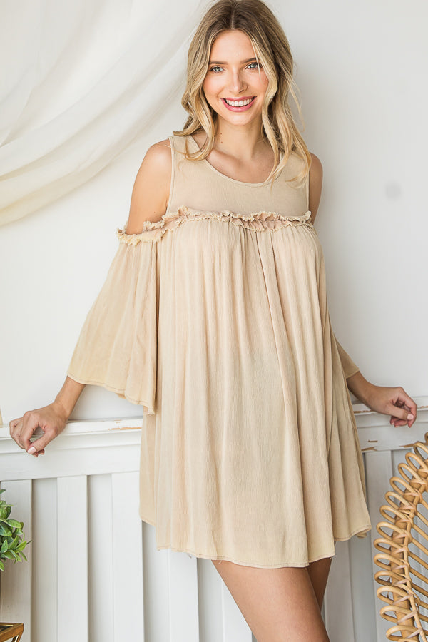 WASHED COLD SHOULDER RUFFLE DETAIL TUNIC TOP
