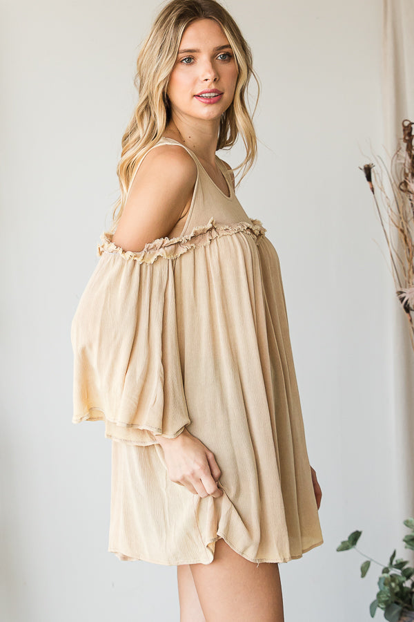 WASHED COLD SHOULDER RUFFLE DETAIL TUNIC TOP