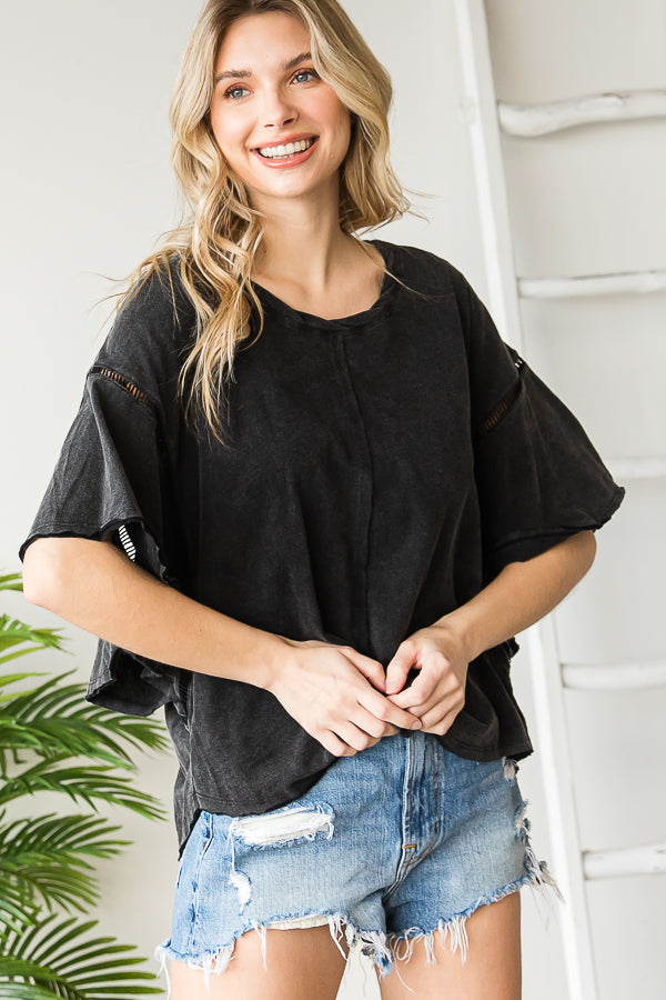 MINERAL WASHED RUFFLE SLEEVE TOP