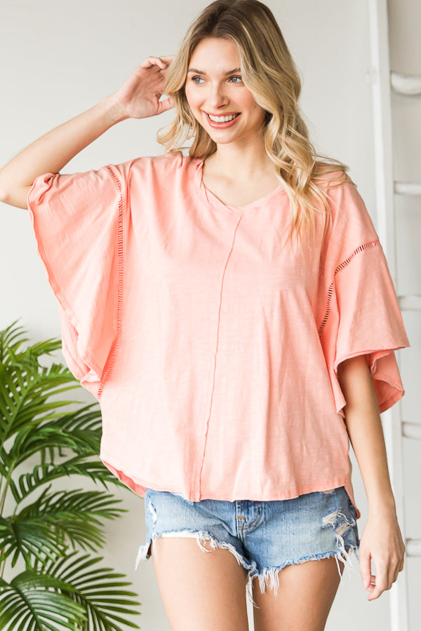 MINERAL WASHED RUFFLE SLEEVE TOP