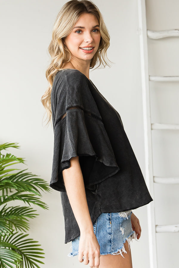 MINERAL WASHED RUFFLE SLEEVE TOP