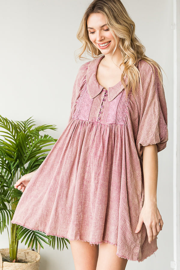 WASHED COLLAR BUTTON PLEATED BABYDOLL TUNIC TOP
