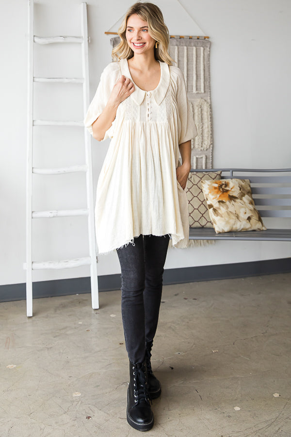WASHED COLLAR BUTTON PLEATED BABYDOLL TUNIC TOP