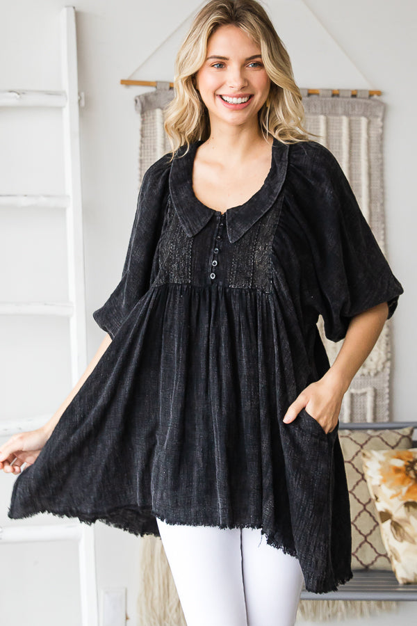WASHED COLLAR BUTTON PLEATED BABYDOLL TUNIC TOP