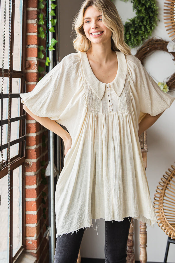 WASHED COLLAR BUTTON PLEATED BABYDOLL TUNIC TOP
