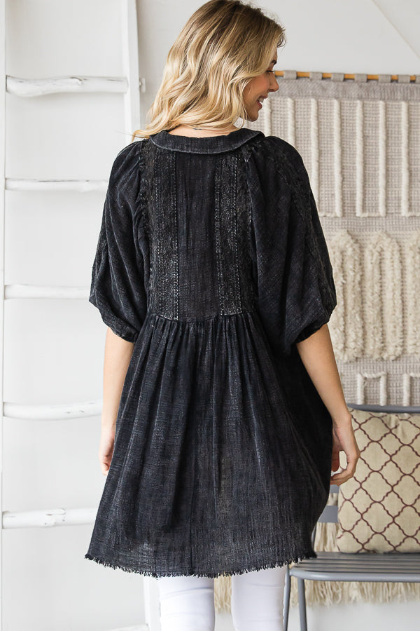 WASHED COLLAR BUTTON PLEATED BABYDOLL TUNIC TOP