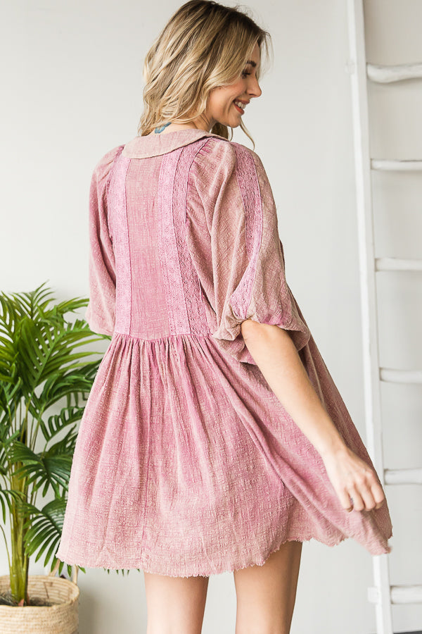 WASHED COLLAR BUTTON PLEATED BABYDOLL TUNIC TOP