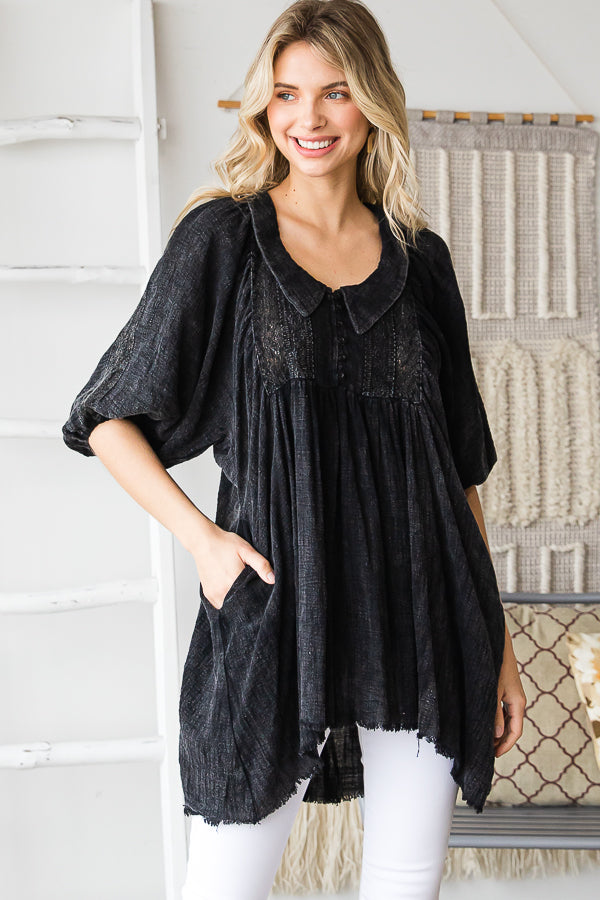 WASHED COLLAR BUTTON PLEATED BABYDOLL TUNIC TOP