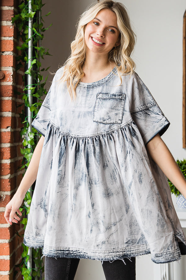 BLEACHED SIDE POCKETS PLEATED DETAIL BABYDOLL TOP