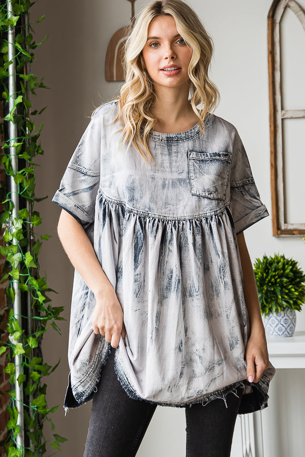 BLEACHED SIDE POCKETS PLEATED DETAIL BABYDOLL TOP