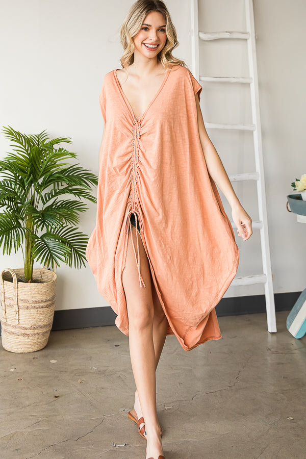 CINCHED FRONT COCOON SLEEVELESS LONG TOP