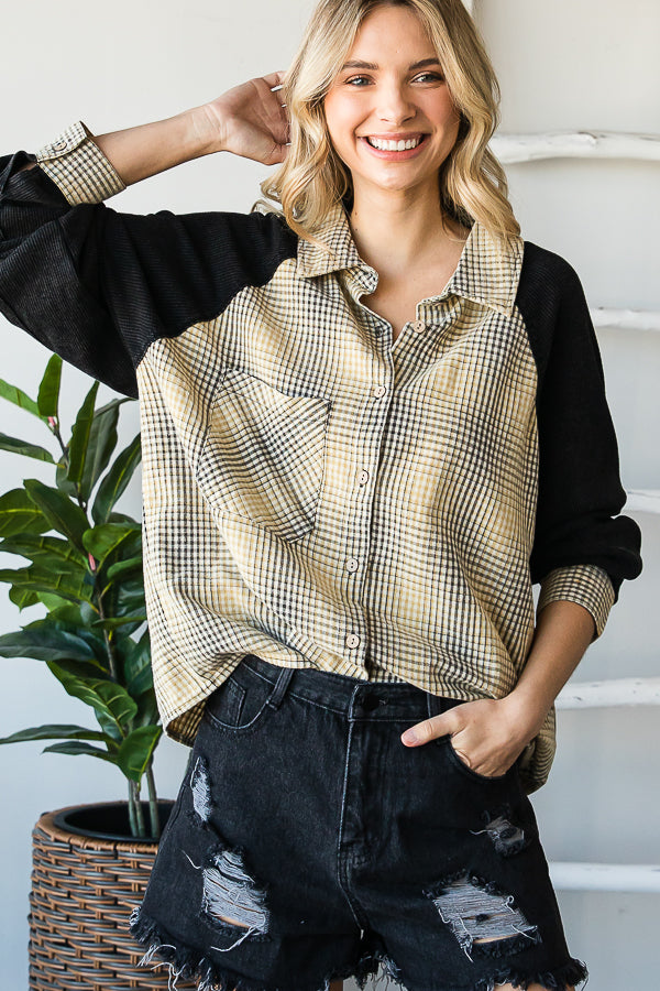 MINERAL WASHED RAGLAN BUTTON FRONT PLAID SHIRT
