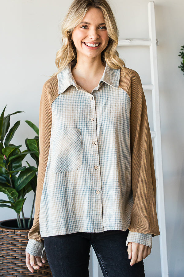 MINERAL WASHED RAGLAN BUTTON FRONT PLAID SHIRT