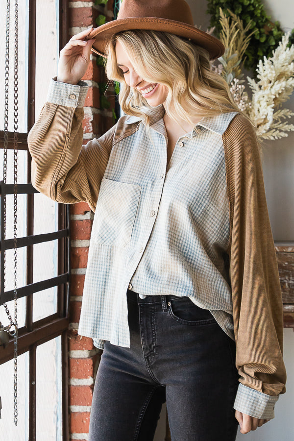 MINERAL WASHED RAGLAN BUTTON FRONT PLAID SHIRT
