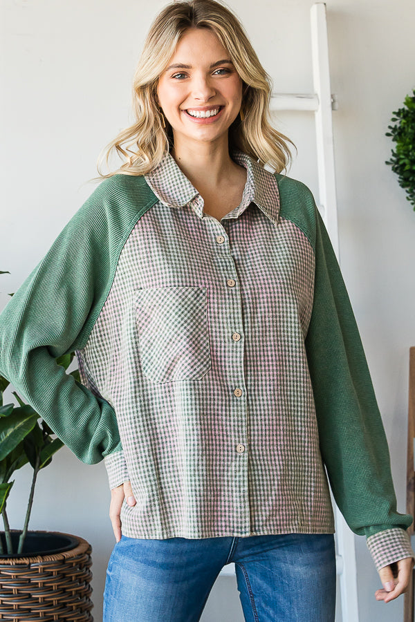 MINERAL WASHED RAGLAN BUTTON FRONT PLAID SHIRT
